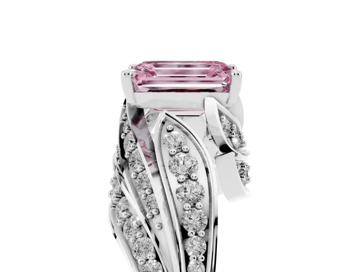 Fancy Pink Emerald Cut Diamond Solitaire Ring with Prong Setting and Twisted Pavé Band Silver