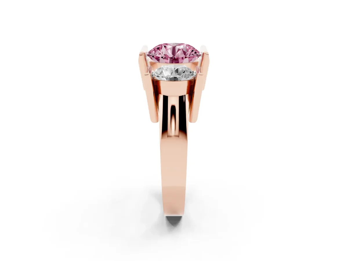 Fancy Pink Three Stone Round Cut Cut Channel Set Diamond Ring Rose gold