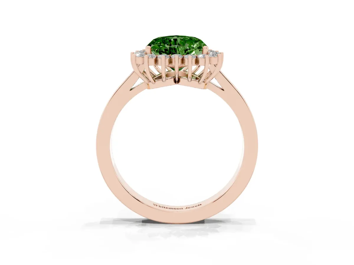 Fancy Green Heart Cut Cut Diamond Halo Ring with Round Brilliant Halo and Solitaire Band Rose gold