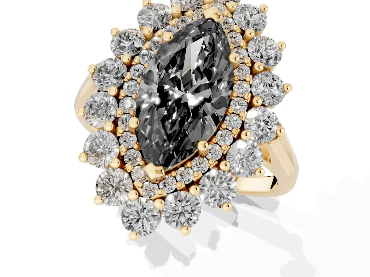 Fancy Black Marquise Cut Diamond Floral Double Halo Engagement Ring with Prong Setting Yellow gold