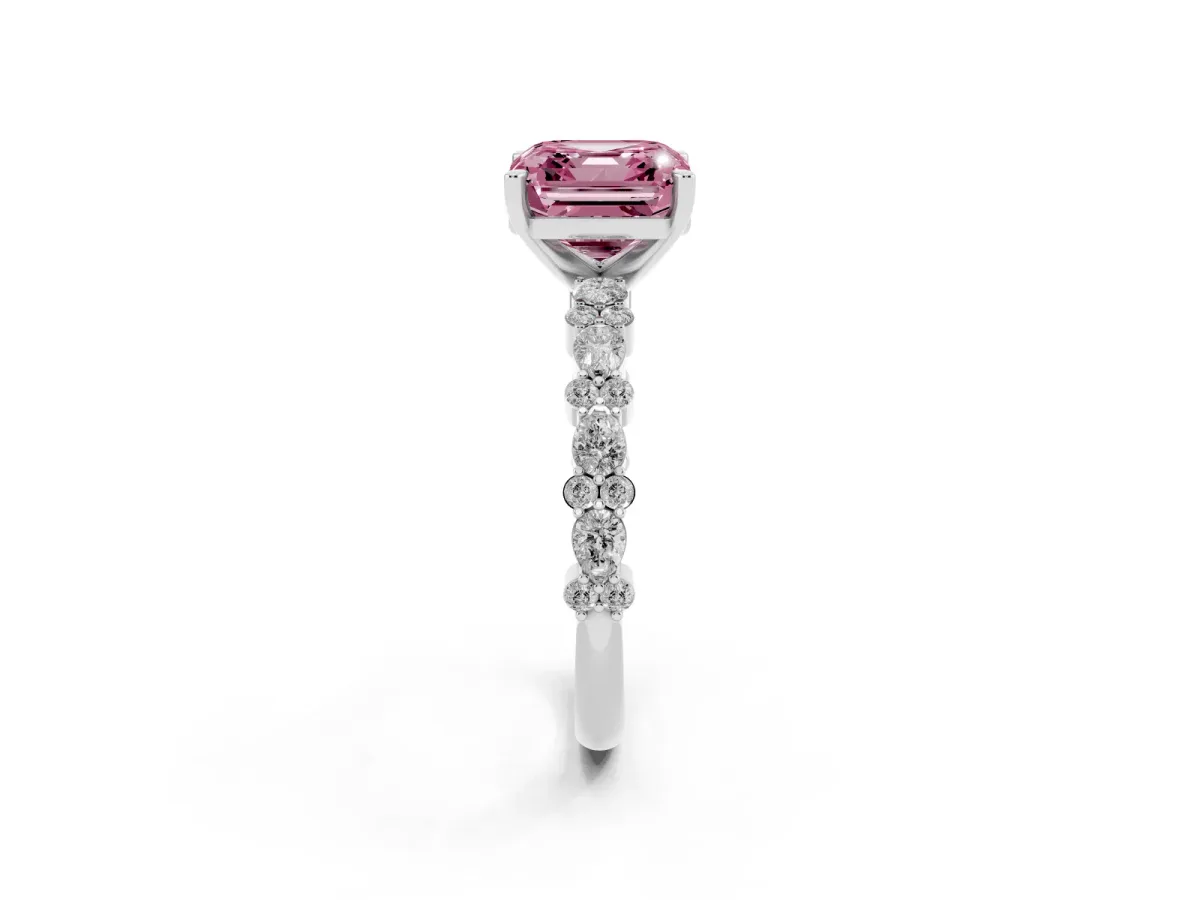 Fancy Pink Asscher Cut Diamond Side Stone Solitaire Ring with Round and Four-Prong Setting Platinum