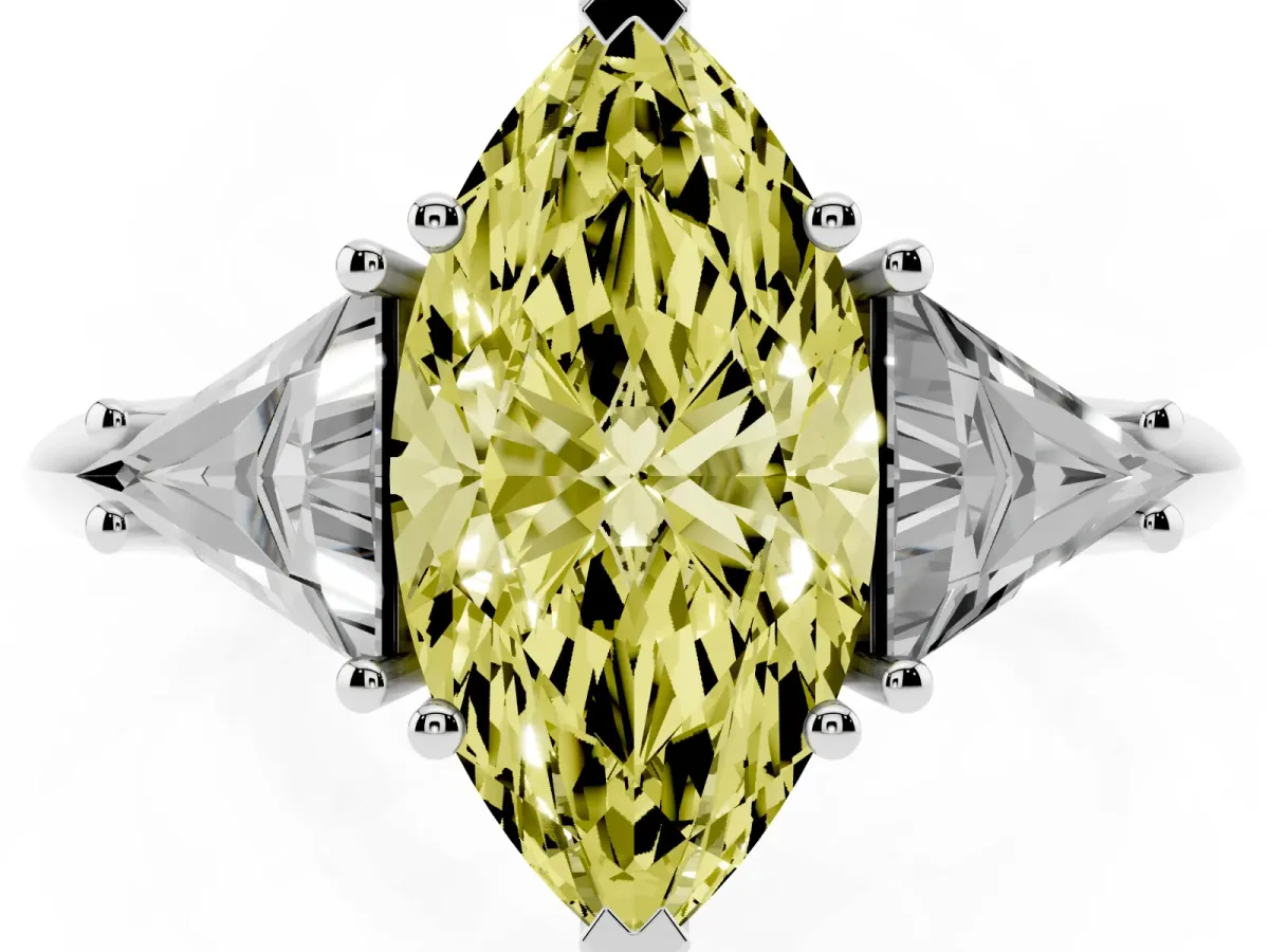 Fancy Yellow Three-Stone Marquise Cut Diamond Engagement Ring with Trillion Side Stones and Prong Setting White gold