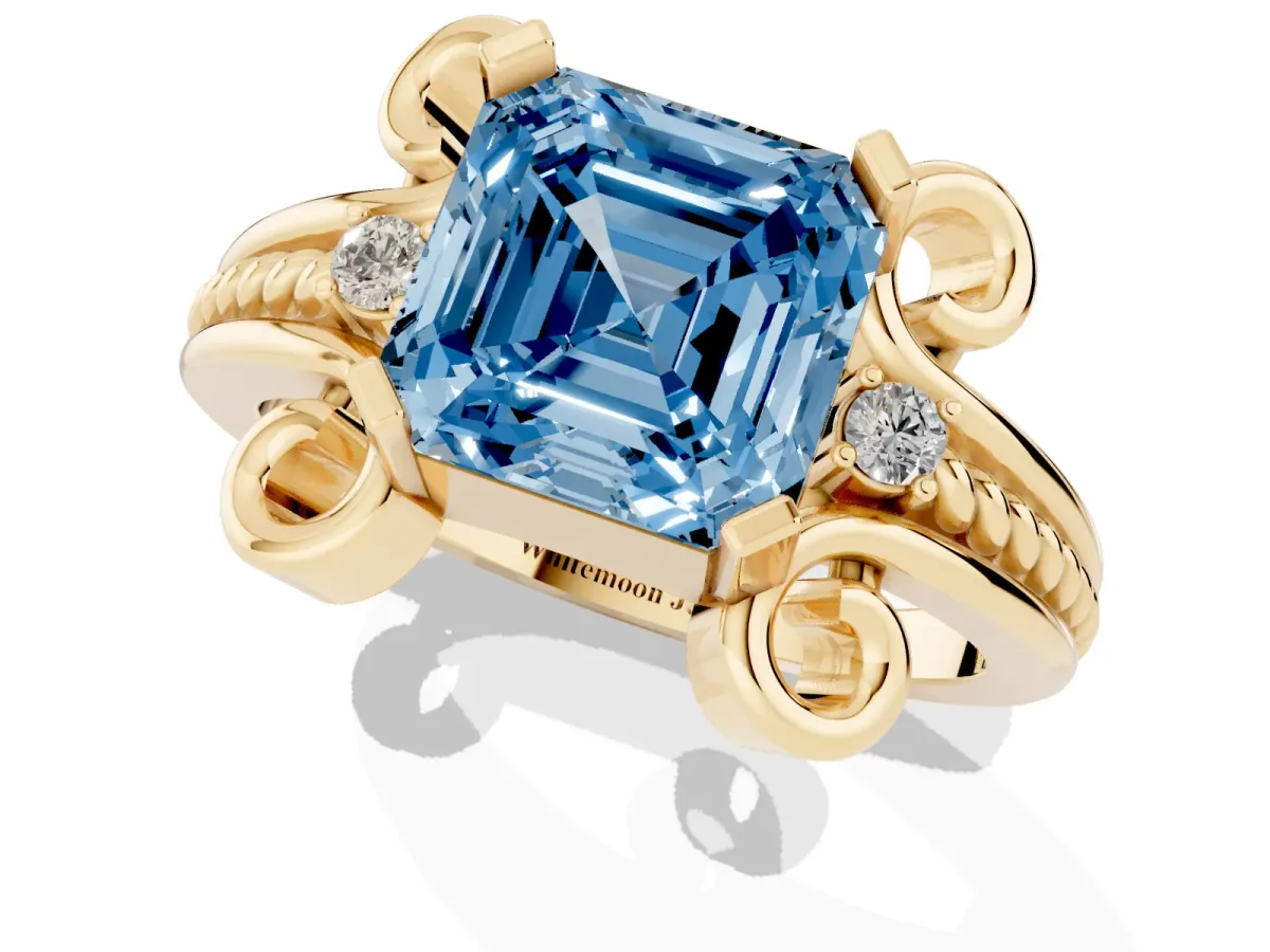 Fancy Blue Asscher Cut Solitaire Twisted Band Scroll Prong Ring Yellow gold