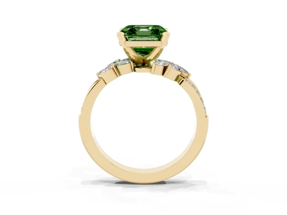 Fancy Green Asscher Cut Solitaire Marquise Twist Band with Six-Prong Setting Yellow gold