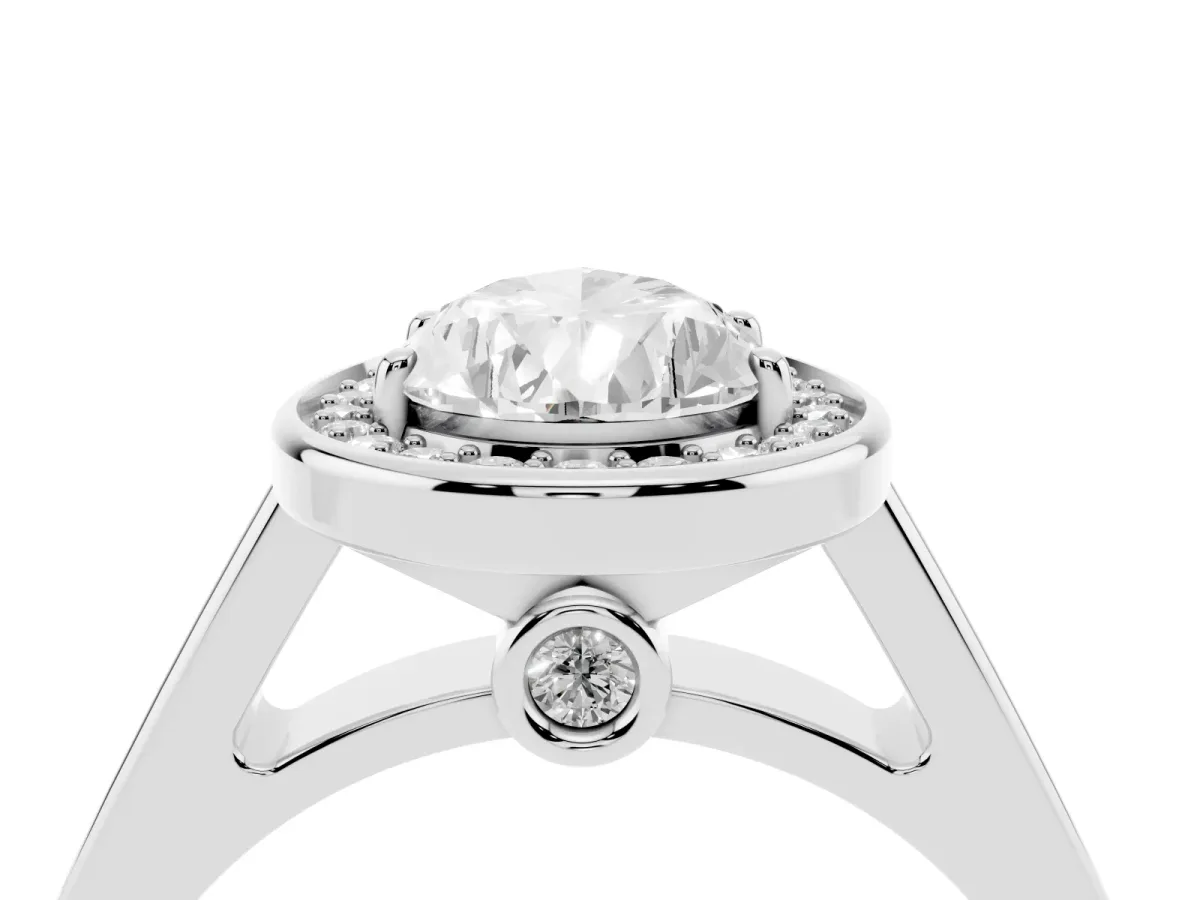 Pear Cut Halo Solitaire Diamond Ring with Pave Band and Bezel Setting Silver