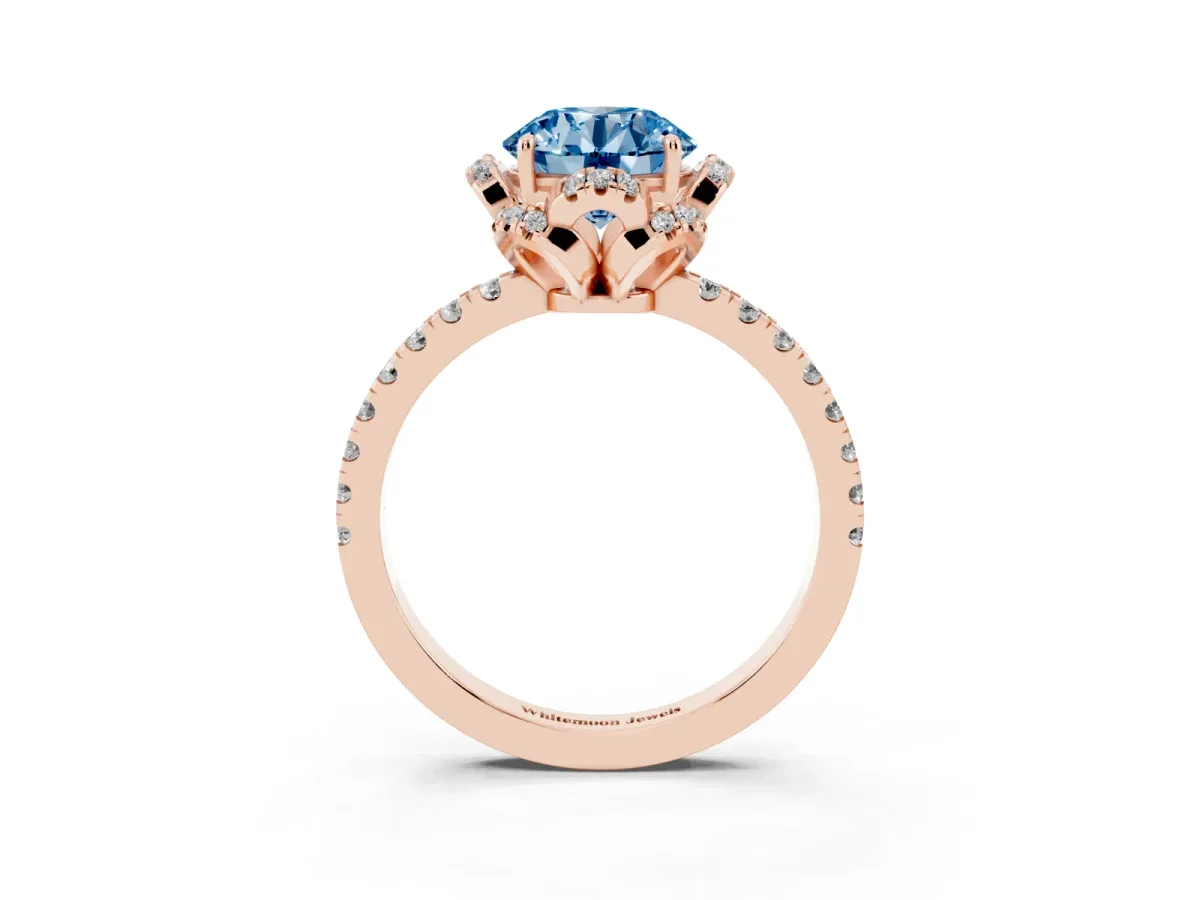Fancy Blue Round Cut Halo Diamond Pave Band Ring with Four-Prong Setting Rose gold