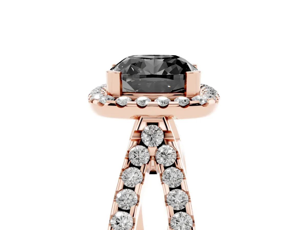 Fancy Black Cushion Cut Diamond Halo Ring with Split Shank Pavé Band and Prong Setting Rose gold
