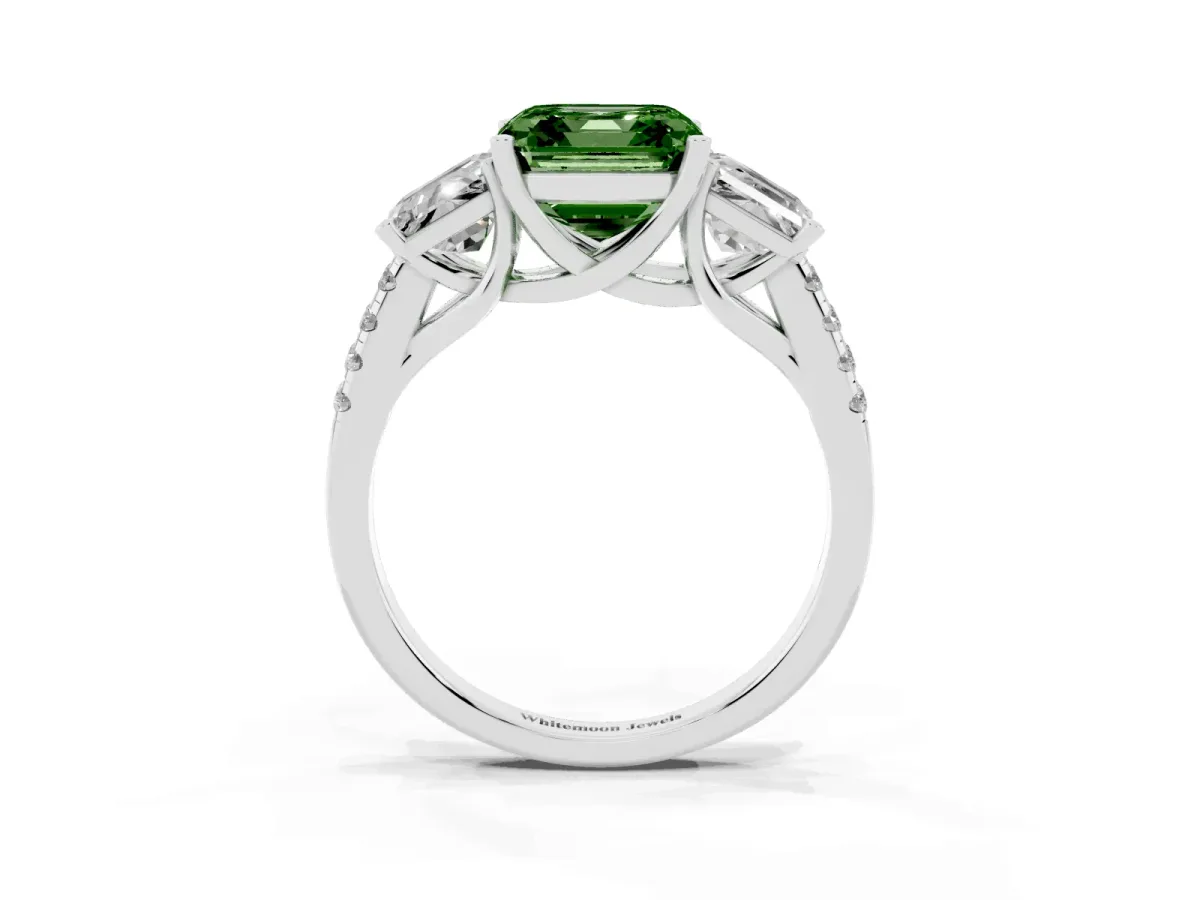Fancy Green Three-Stone Asscher Cut Diamond Ring with Round Pavé Band and Prong Setting Silver