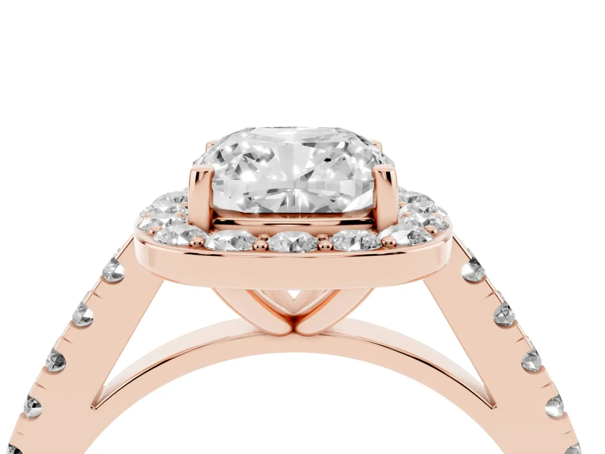 Cushion Cut Diamond Halo Ring with Round Pavé Split Shank and Prong Setting Rose gold