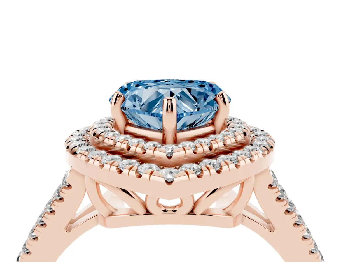 Fancy Blue Heart Cut Diamond Double Halo Ring with Pavé Band and Prong Setting Rose gold