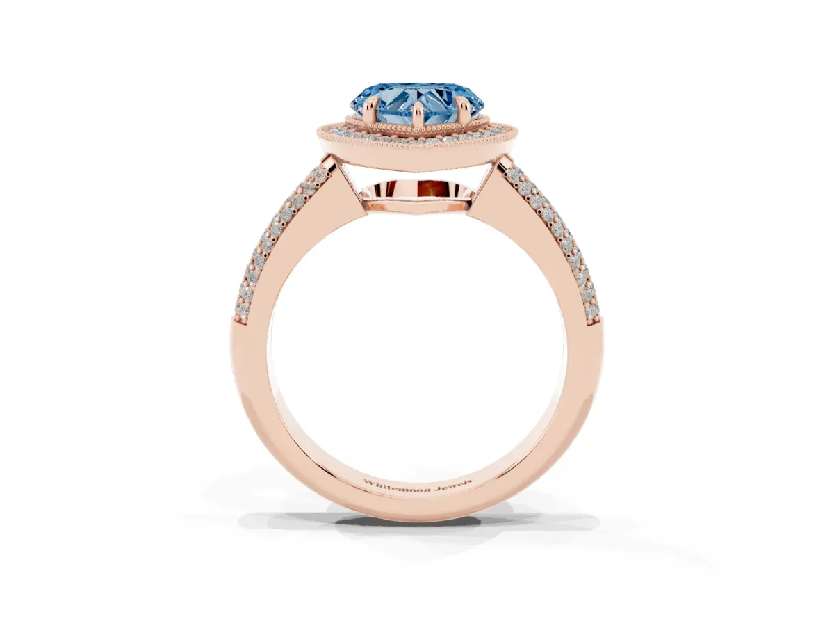 Fancy Blue Heart Cut Cut Halo Diamond Pave Band with Four-Prong Setting Rose gold