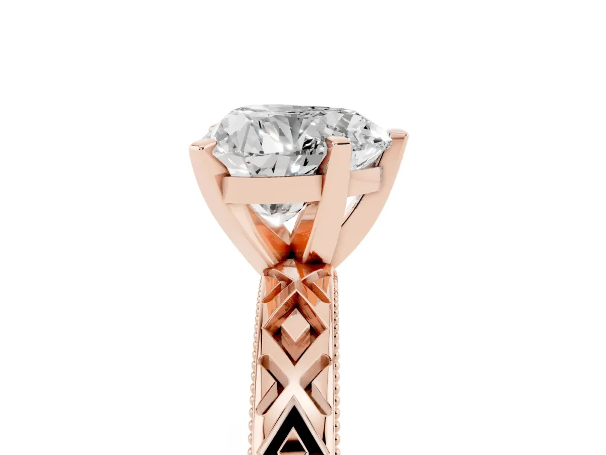 Heart Cut Solitaire Diamond Ring with Milgrain and Black Enamel X Pattern Band Rose gold
