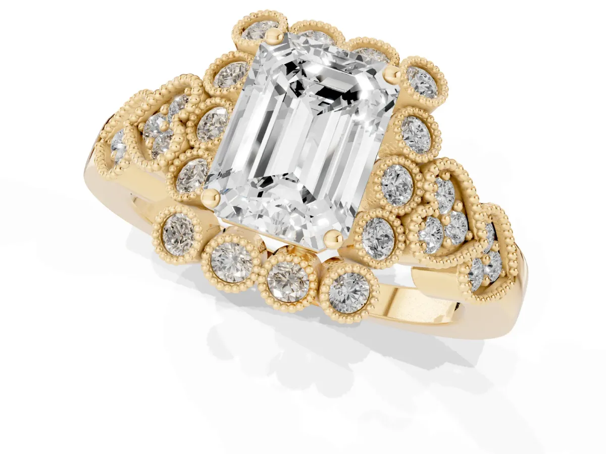 Emerald Cut Brilliant Milgrain Pave Heart Band Solitaire Ring Yellow gold