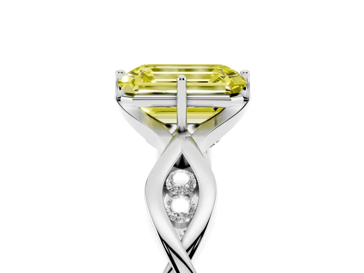 Fancy Yellow Emerald Cut Solitaire Twist Band with Leaf Prong Setting Platinum