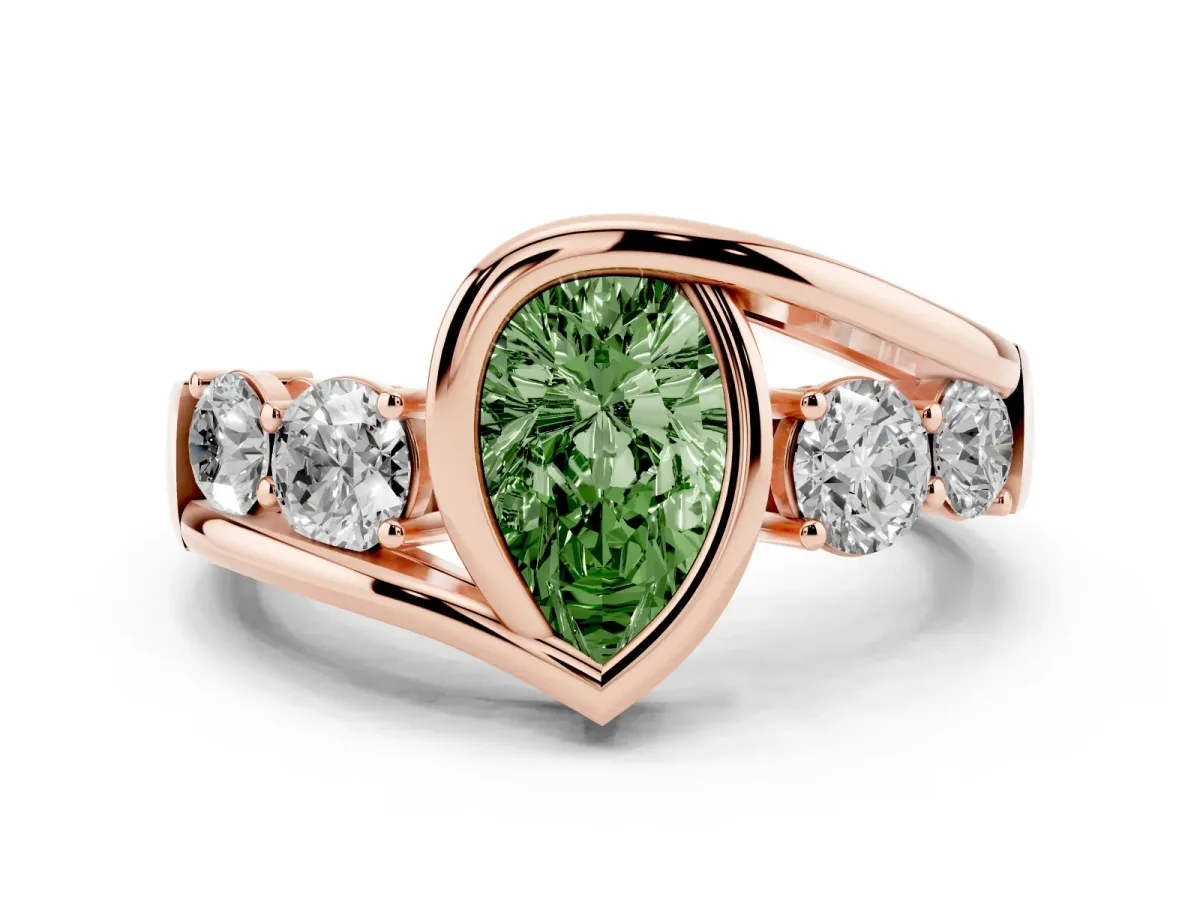 Fancy Green Bezel Set Pear Cut Diamond Bypass Ring with Round Accents Rose gold
