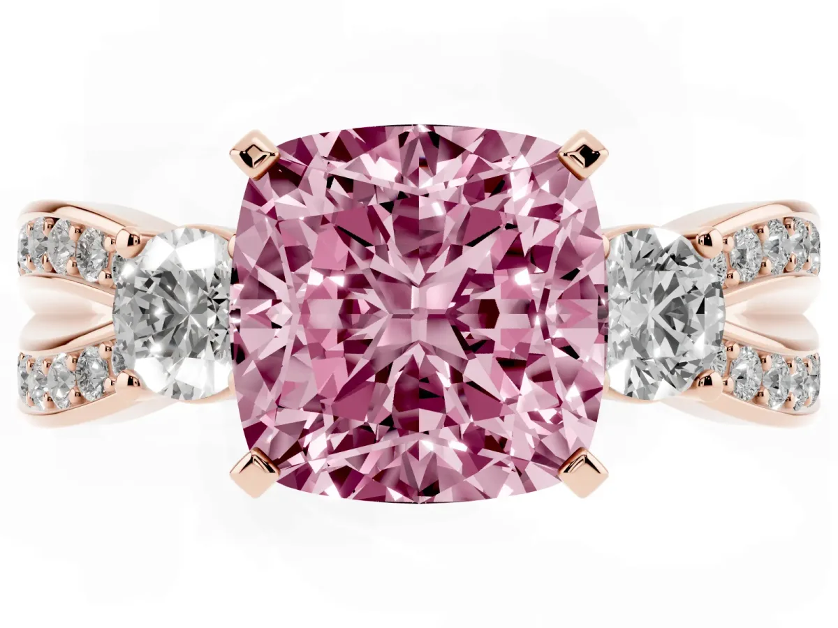 Fancy Pink Three-Stone Cushion Cut Cut Diamond Twist Band with Prong Setting Rose gold