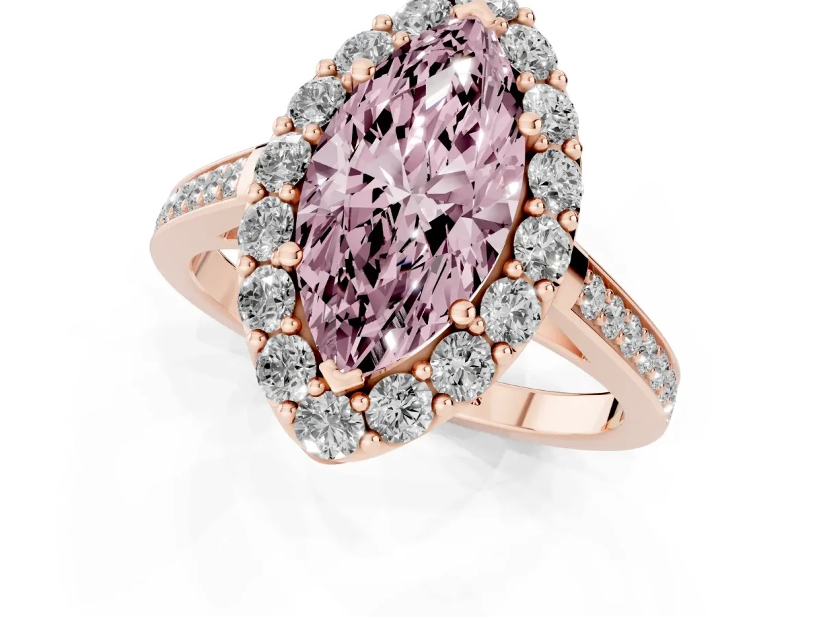 Fancy Pink Marquise Cut Diamond Floral Halo Ring with Pavé Band and Prong Setting Rose gold