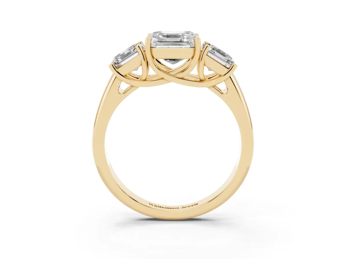 Three-Stone Asscher Cut Diamond Engagement Ring with Prong Setting Yellow gold