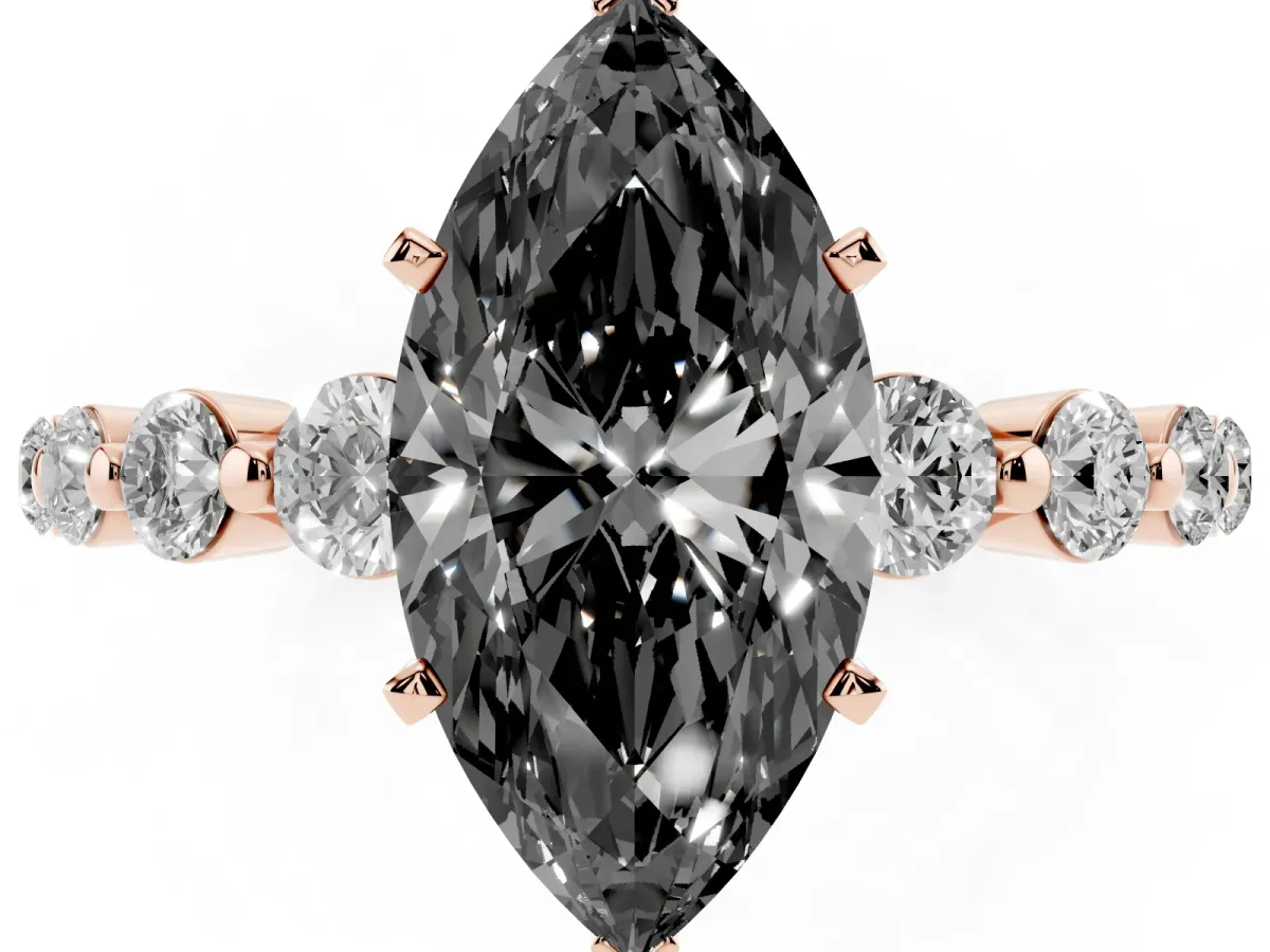 Fancy Black Marquise Cut Solitaire Diamond Ring with Pave Band and Four-Prong Setting Rose gold
