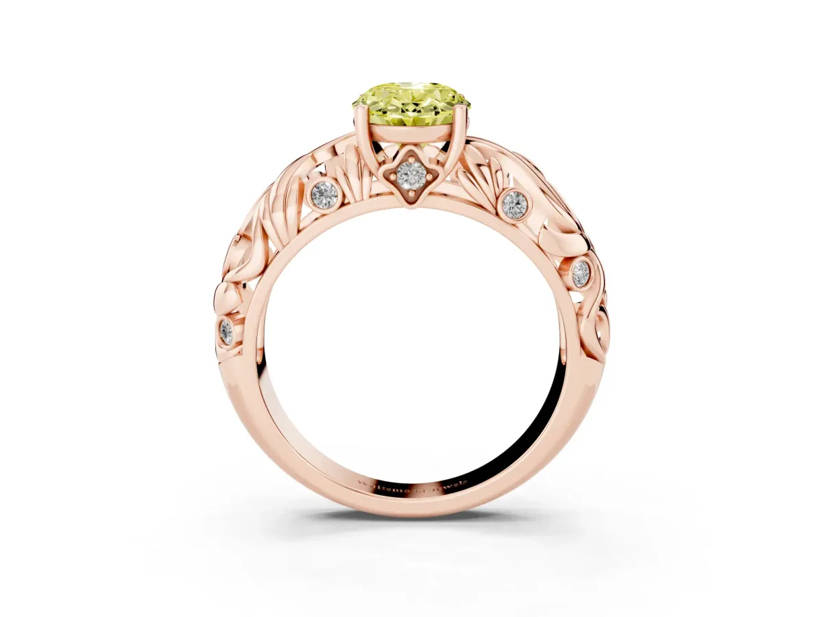 Fancy Yellow Oval Cut Solitaire Diamond Leaf-Inspired Vine Band Ring with Prong Setting Rose gold