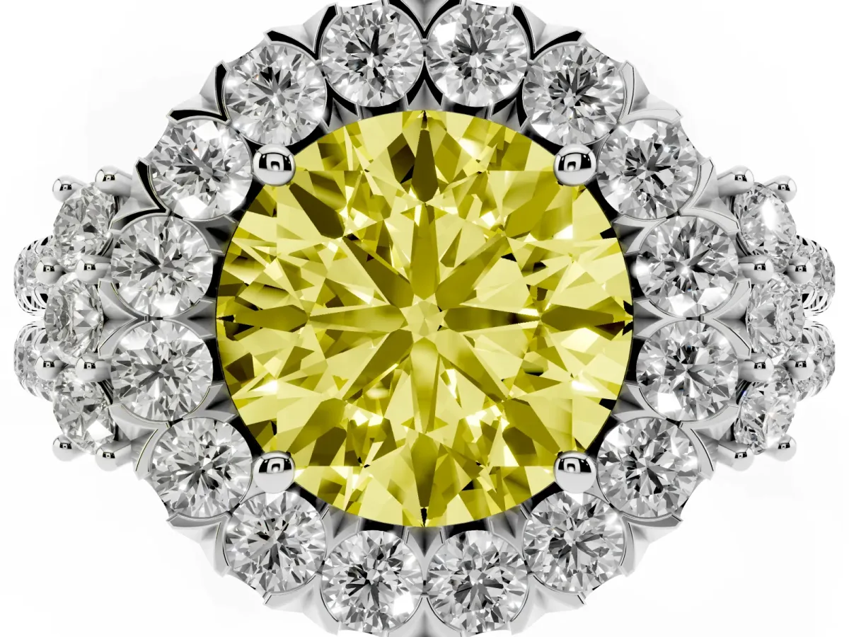 Fancy Yellow Round Cut Cut Double Halo Diamond Engagement Ring with Pave Band and Four-Prong Setting Platinum