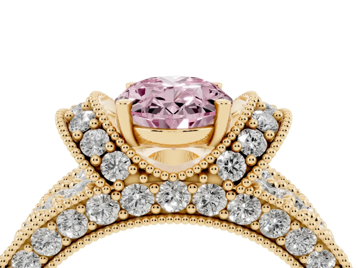 Fancy Pink Oval Cut Halo Pave Diamond Engagement Ring with Milgrain Detailing Yellow gold