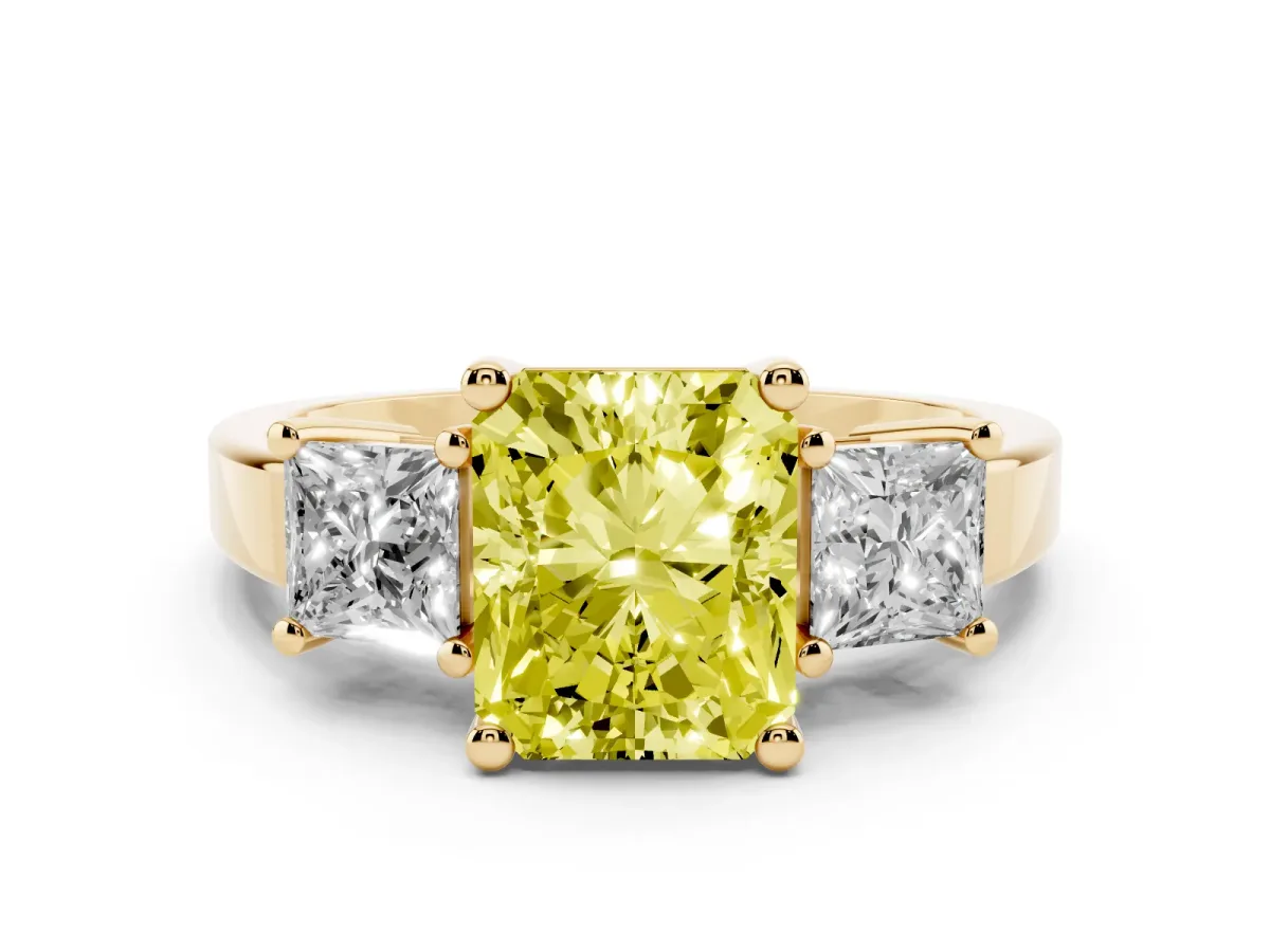 Fancy Yellow Three-Stone Radiant Cut Cut Solitaire Ring with Prong Setting Yellow gold
