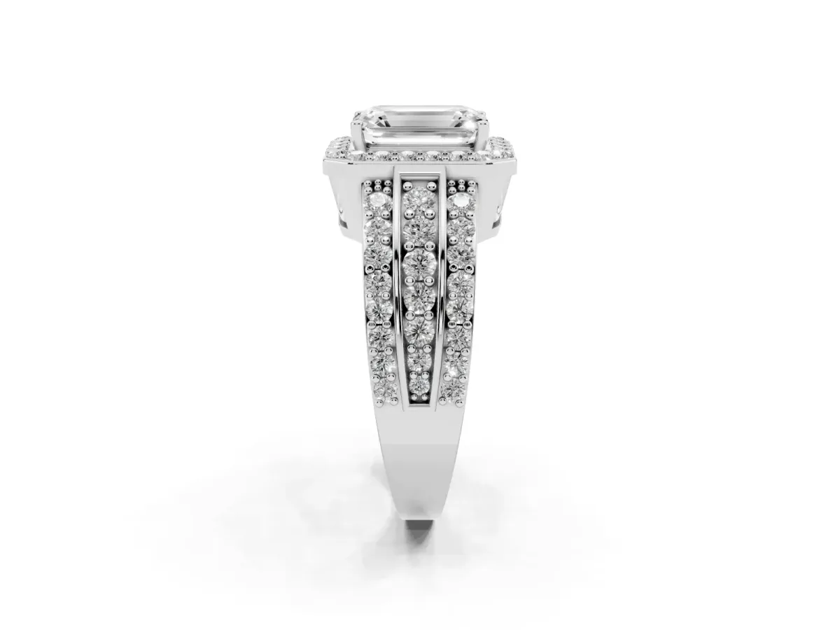 Emerald Cut Halo Diamond Ring with Round Split Shank and Prong Setting Silver