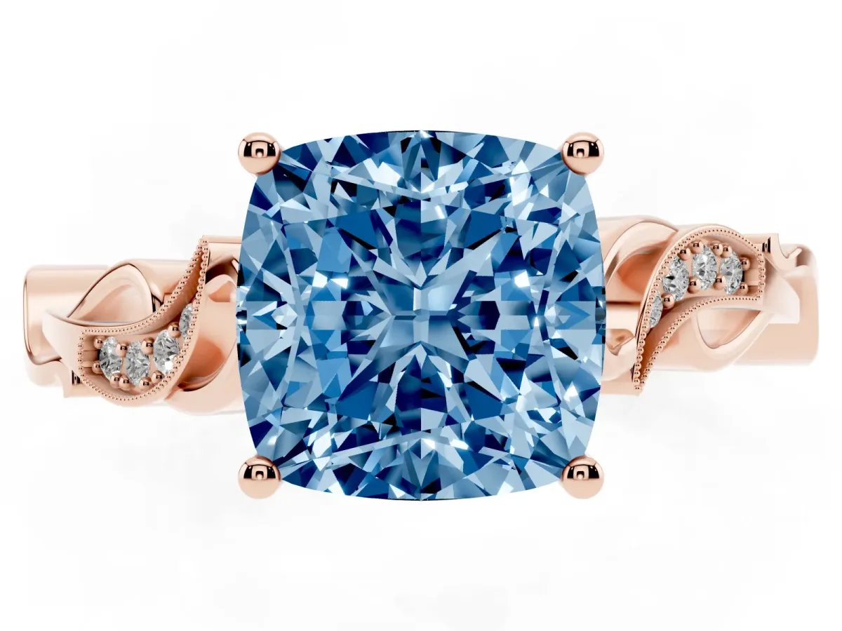 Fancy Blue Cushion Cut Solitaire Vine Band with Milgrain Prong Setting Rose gold