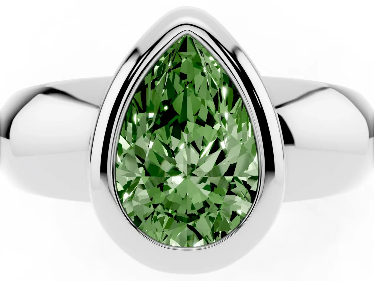 Fancy Green Bezel Set Pear Cut Solitaire Ring with Wide Band Silver