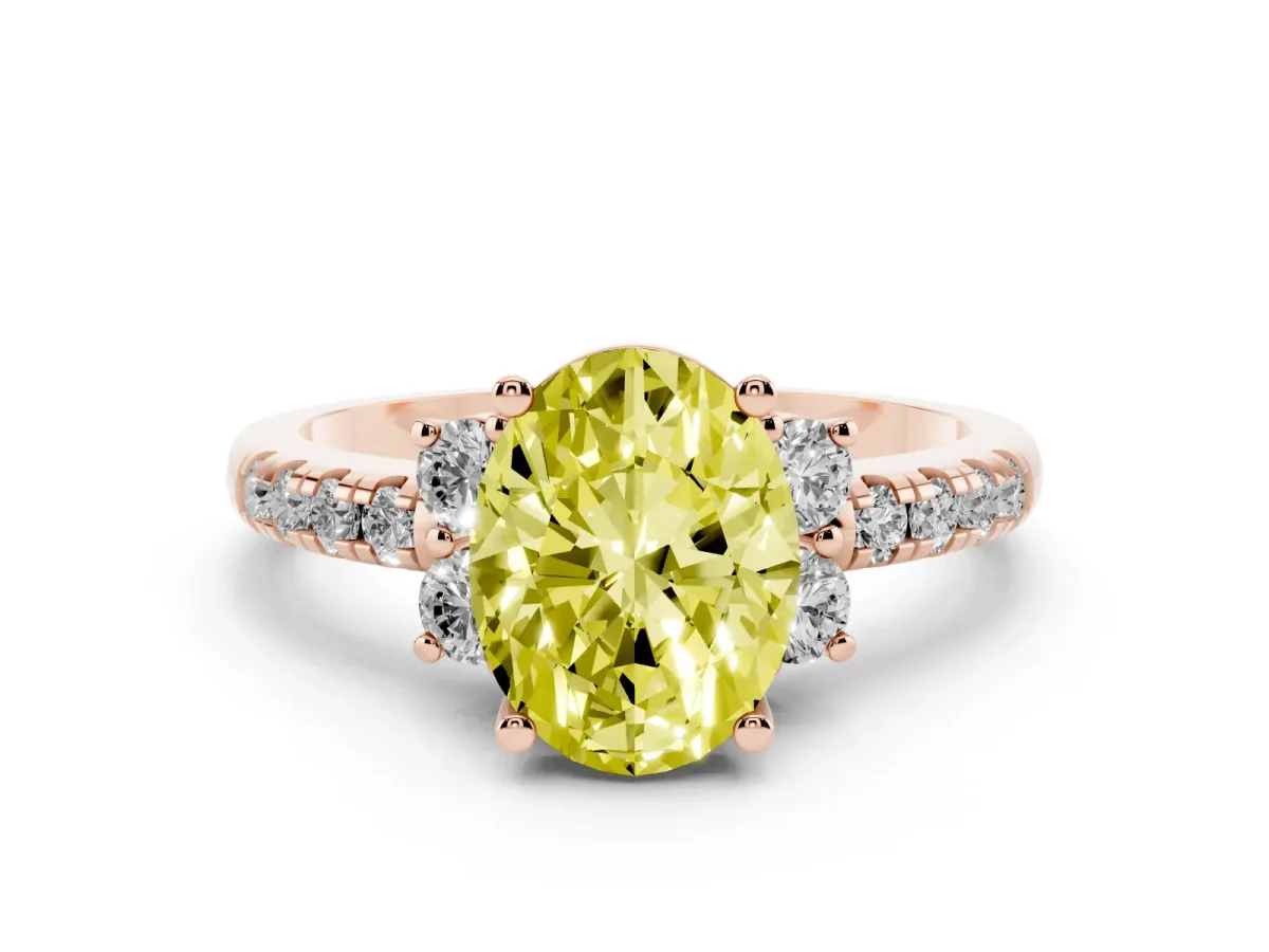Fancy Yellow Oval Cut Diamond Three-Stone Pave Band with Four-Prong Setting Rose gold