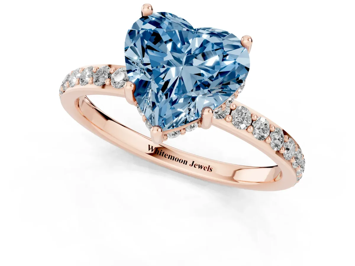 Fancy Blue Heart Cut Diamond Solitaire Ring with Pavé Band and Hidden Halo Rose gold