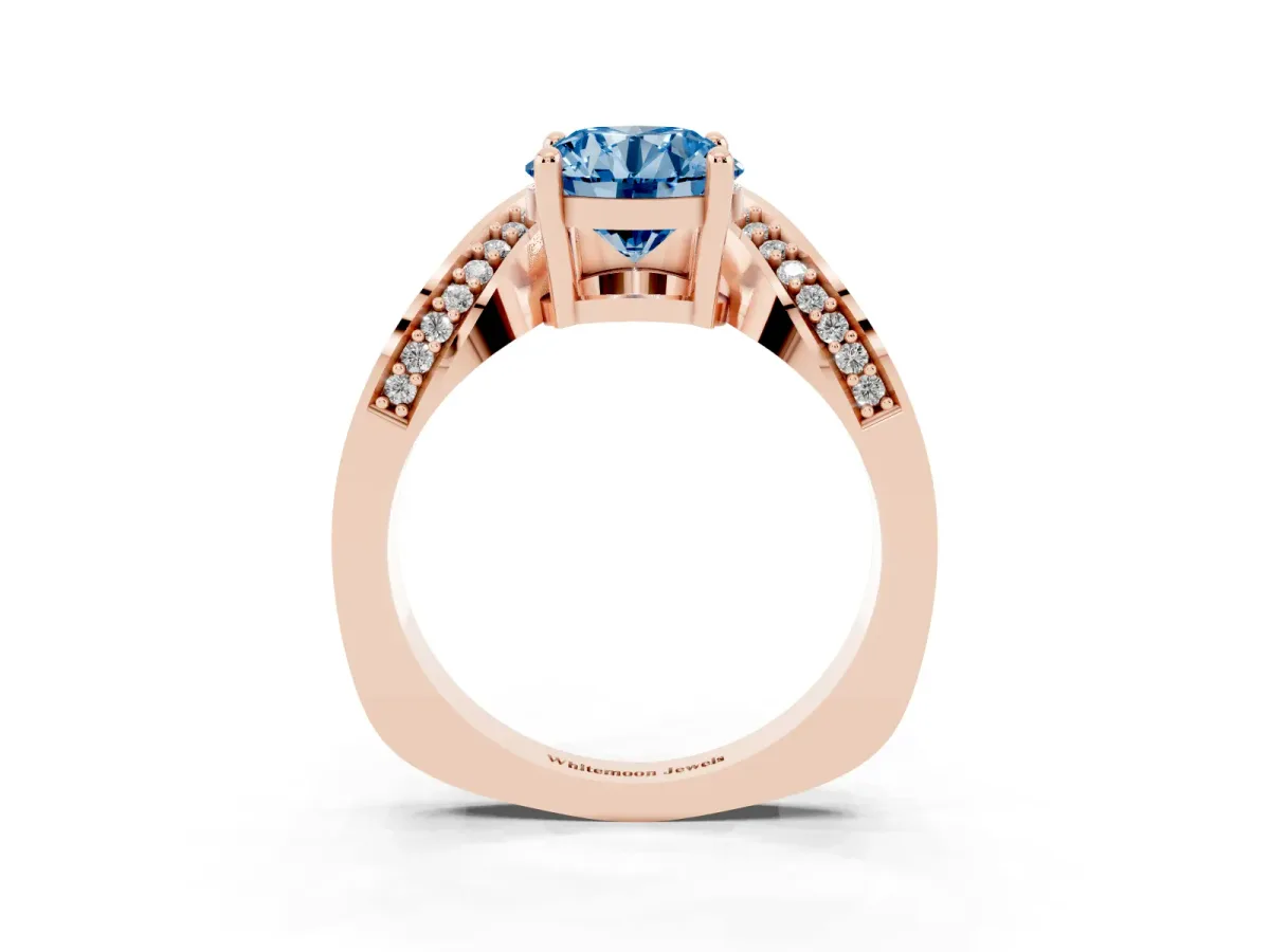 Fancy Blue Round Cut Solitaire Diamond Engagement Ring with Pave Band and Four-Prong Setting Rose gold