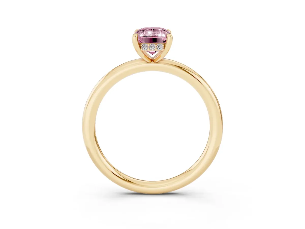 Fancy Pink Emerald Cut Diamond Solitaire Ring with Thin Band and Four-Prong Setting Yellow gold