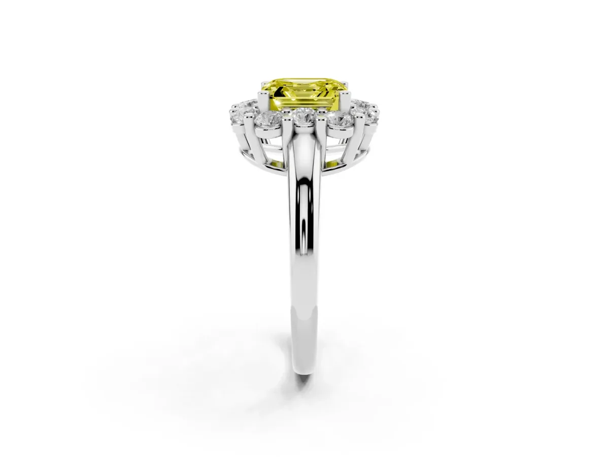 Fancy Yellow Asscher Cut Halo Cluster Diamond Engagement Ring with Prong Setting and Polished Band White gold