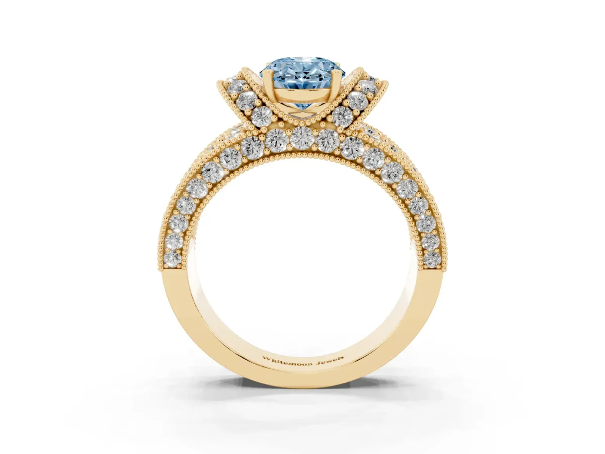 Fancy Blue Oval Cut Halo Pave Diamond Engagement Ring with Milgrain Detailing Yellow gold