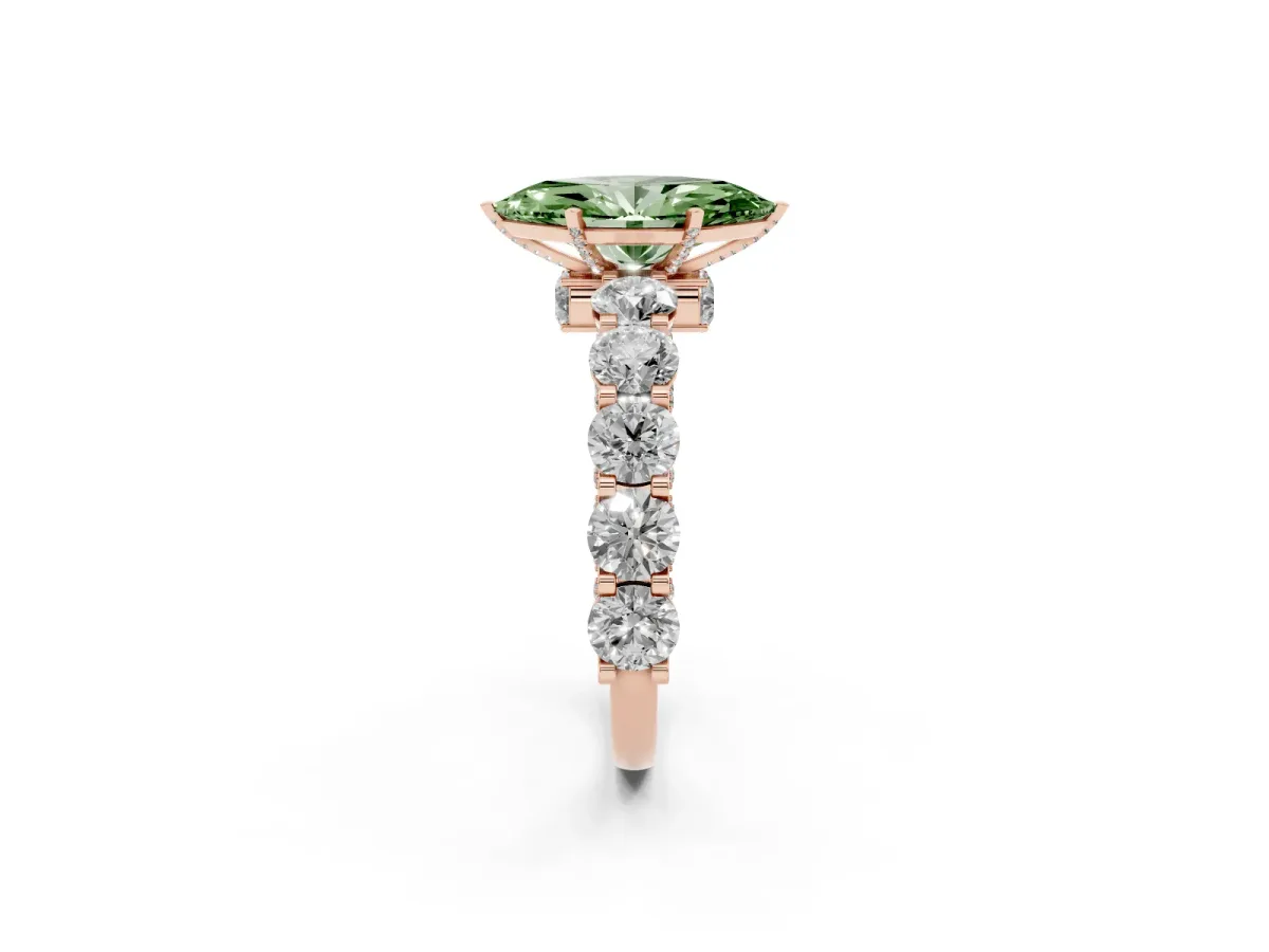 Fancy Green Marquise Cut Diamond Side Stone Engagement Ring with Four-Prong Setting Rose gold