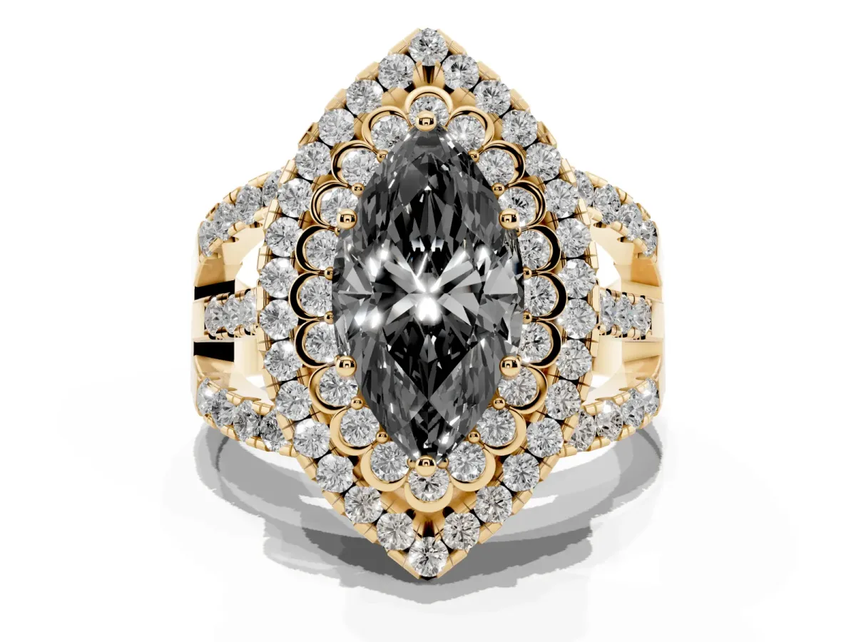 Fancy Black Marquise Cut Diamond Double Halo Ring with Round Pavé Split Shank and Prong Setting Yellow gold