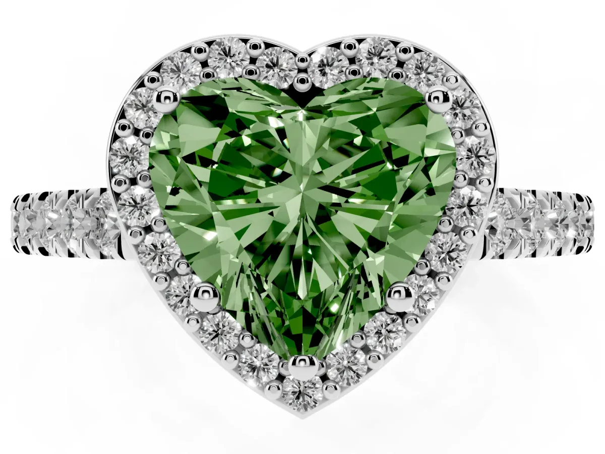 Fancy Green Heart Cut Cut Halo Diamond Engagement Ring with Pave Band and Four-Prong Setting Platinum