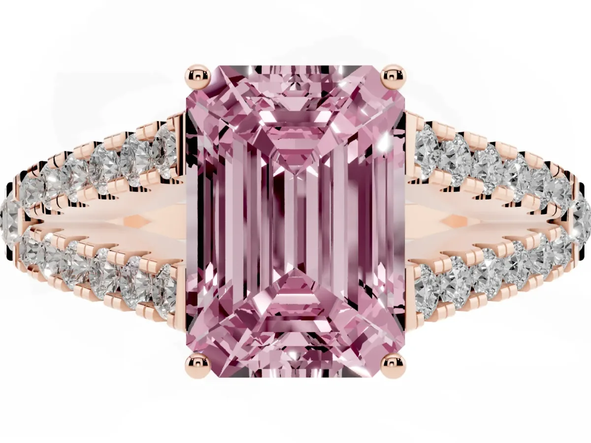 Fancy Pink Emerald Cut Diamond Split Shank Pavé Engagement Ring with Four-Prong Setting Rose gold