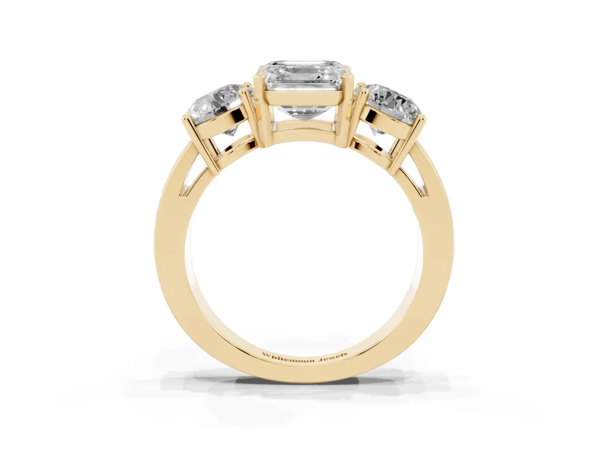 Three-Stone Asscher Cut Diamond Ring with Round Side Stones, Classic Band, and Four-Prong Setting Yellow gold