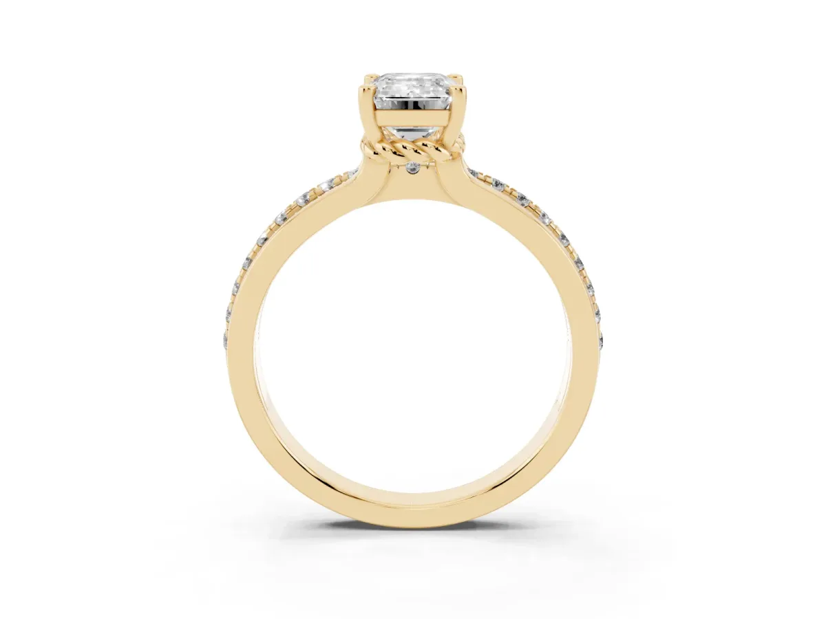 Emerald Cut Solitaire Diamond Ring with Channel Set Band and Six-Prong Setting Yellow gold