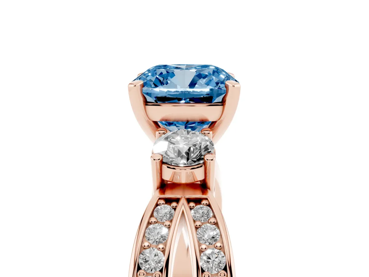 Fancy Blue Three-Stone Cushion Cut Cut Diamond Twist Band with Prong Setting Rose gold