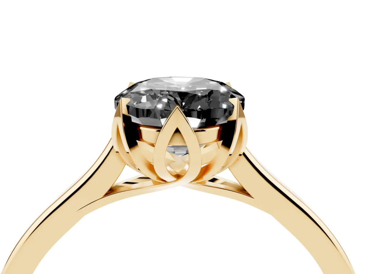 Fancy Black Oval Cut Diamond Solitaire Ring with Flower Prong Setting and Classic Band Yellow gold