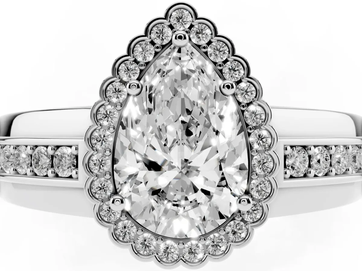 Pear Cut Cut Halo Pave Band Four-Prong Ring Silver