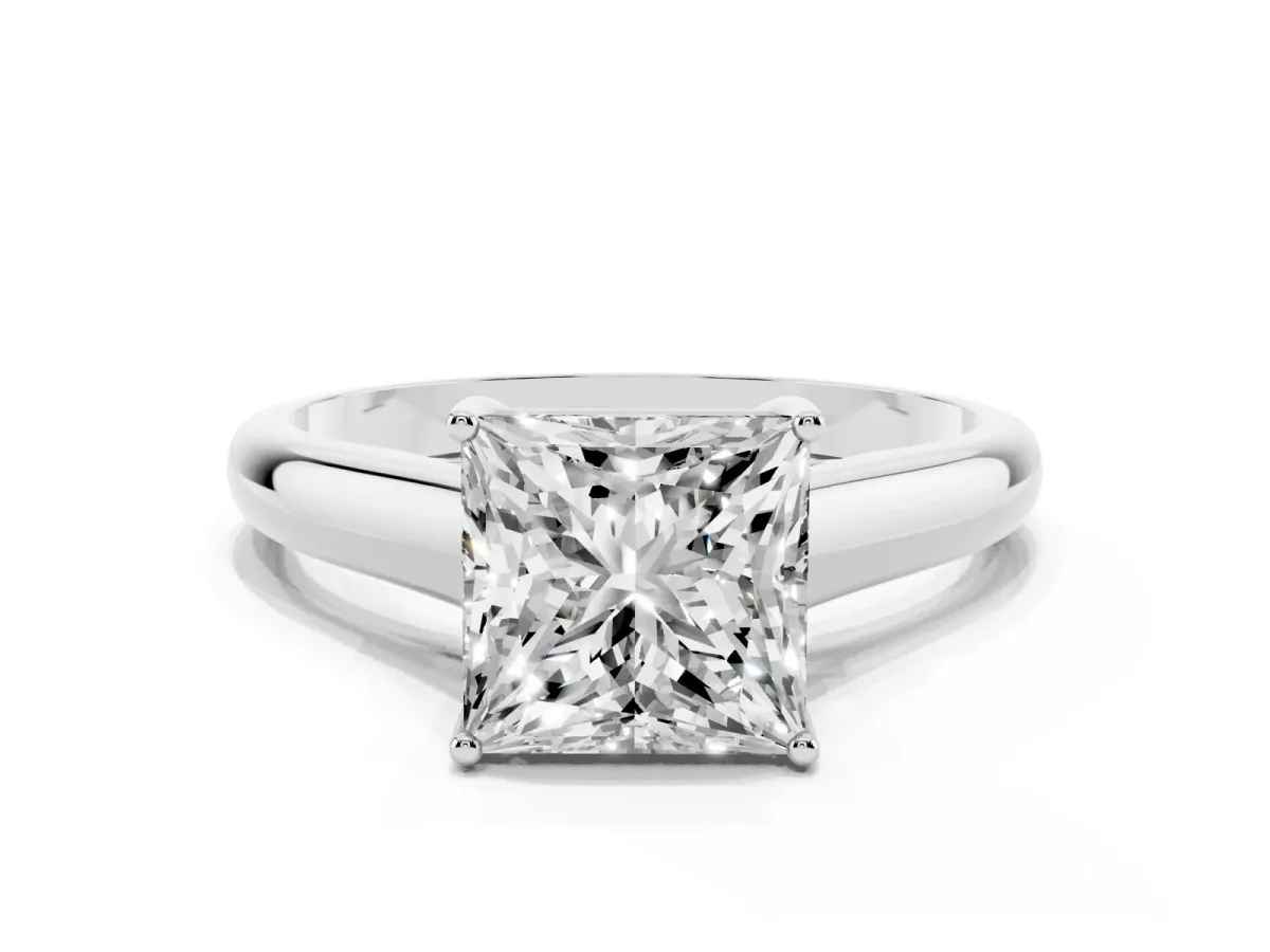 Princess Cut Solitaire Engagement Ring with Tapered Band and Four-Prong Setting Silver