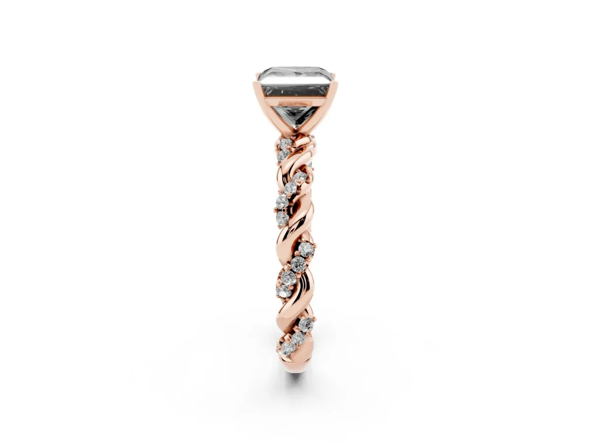 Fancy Black Princess Cut Diamond Solitaire Ring with Twisted Band and Pavé Accents Rose gold