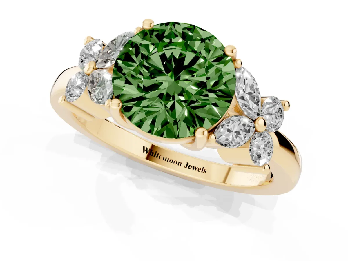 Fancy Green Round Cut Diamond Floral Cluster Ring with Solitaire Band and Prong Setting Yellow gold