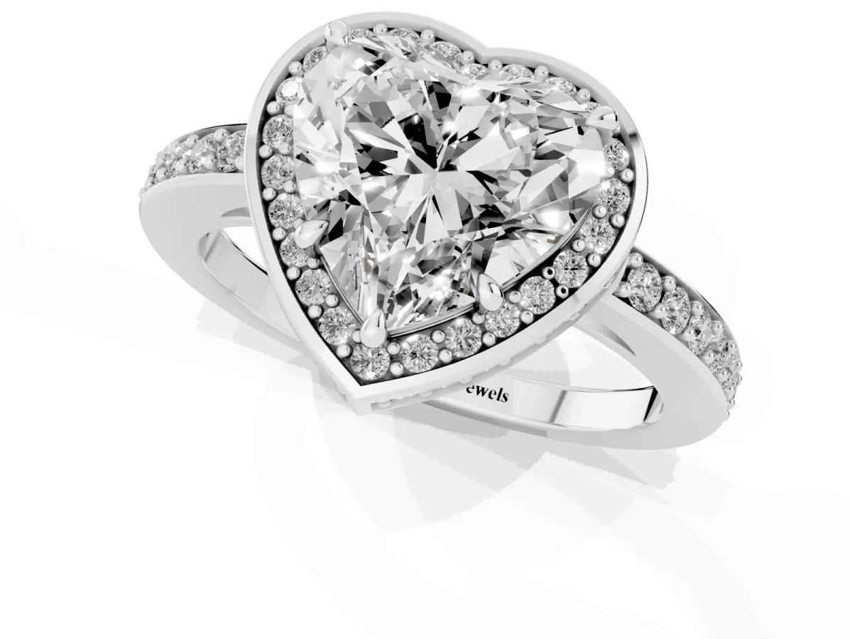 Heart Cut Halo Pave Band Solitaire Ring with Prong Setting Silver