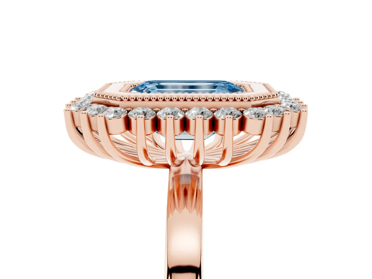 Fancy Blue Emerald Cut Halo Diamond Ring with Milgrain Edge and Round Prong Setting Rose gold